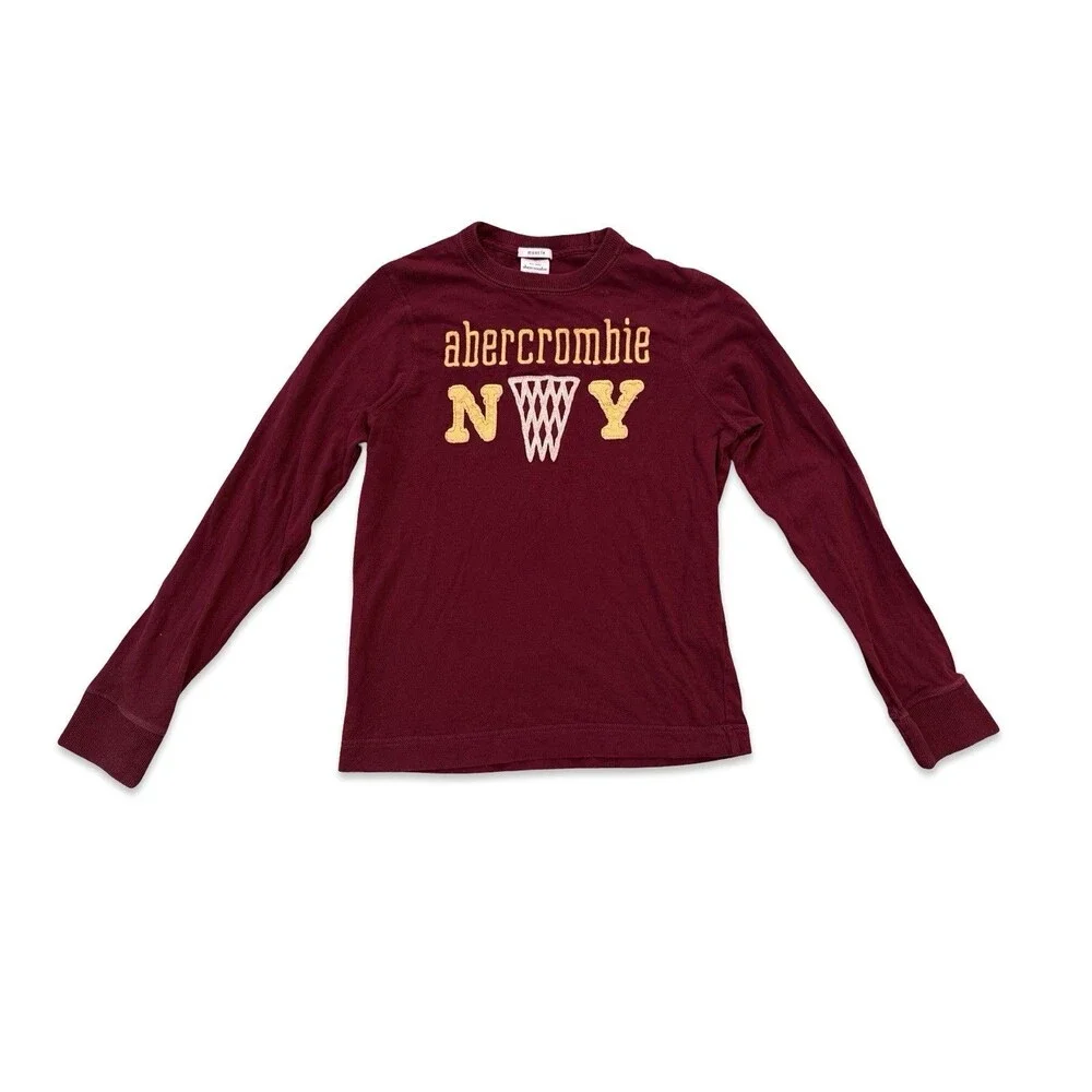 Abercrombie Kids Muscle Long Sleeve Shirt Large Burgundy Cotton Embroidered VTG